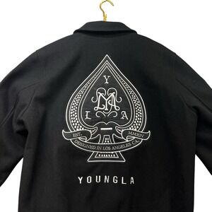 YoungLA Varsity Jacket Mens M Black Embroidered Snap Button Streetwear Coat